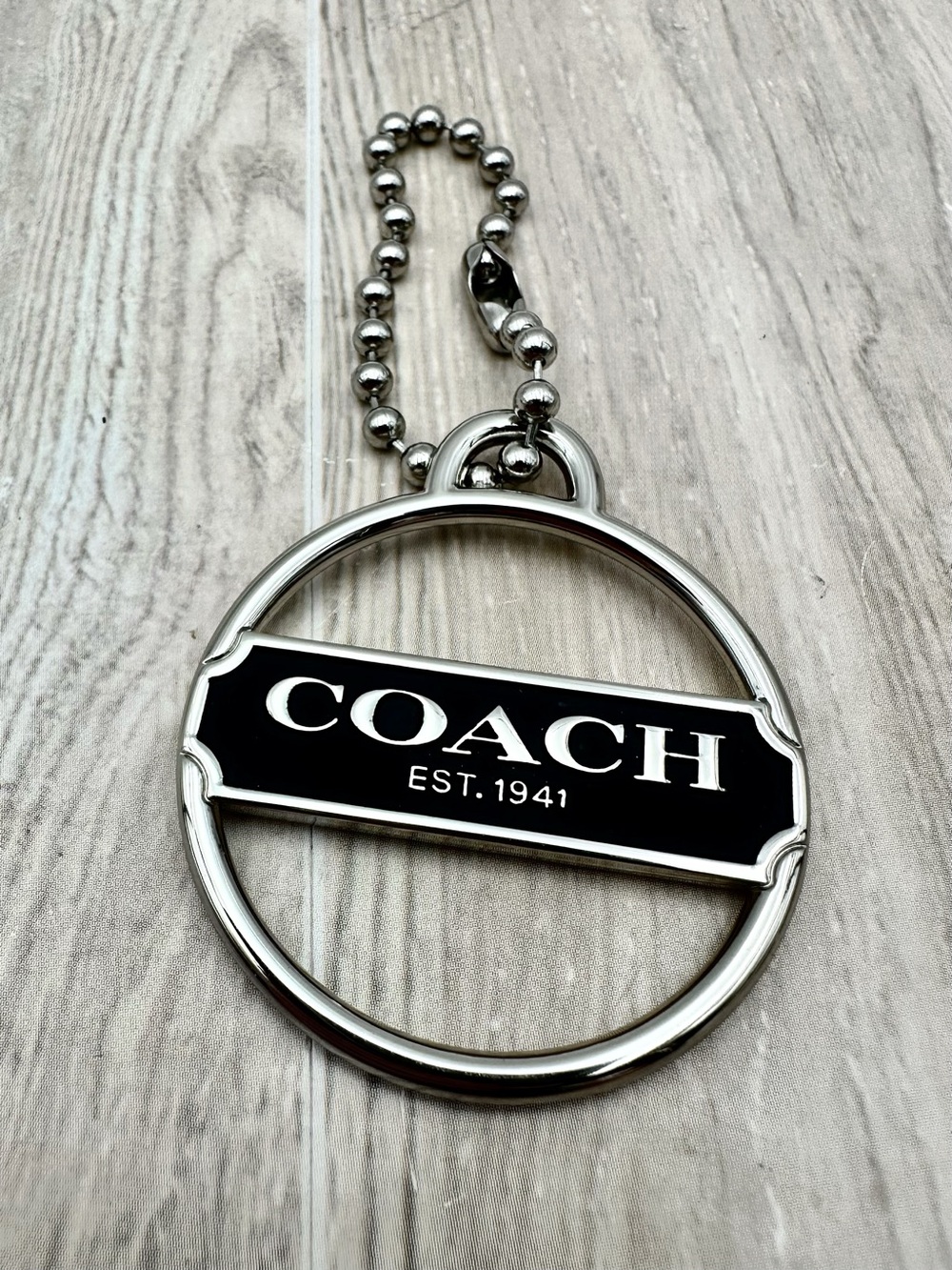 COACH Keychain Silvertone Metal Medallion Logo Ball Keyring Purse Charm Hangtag